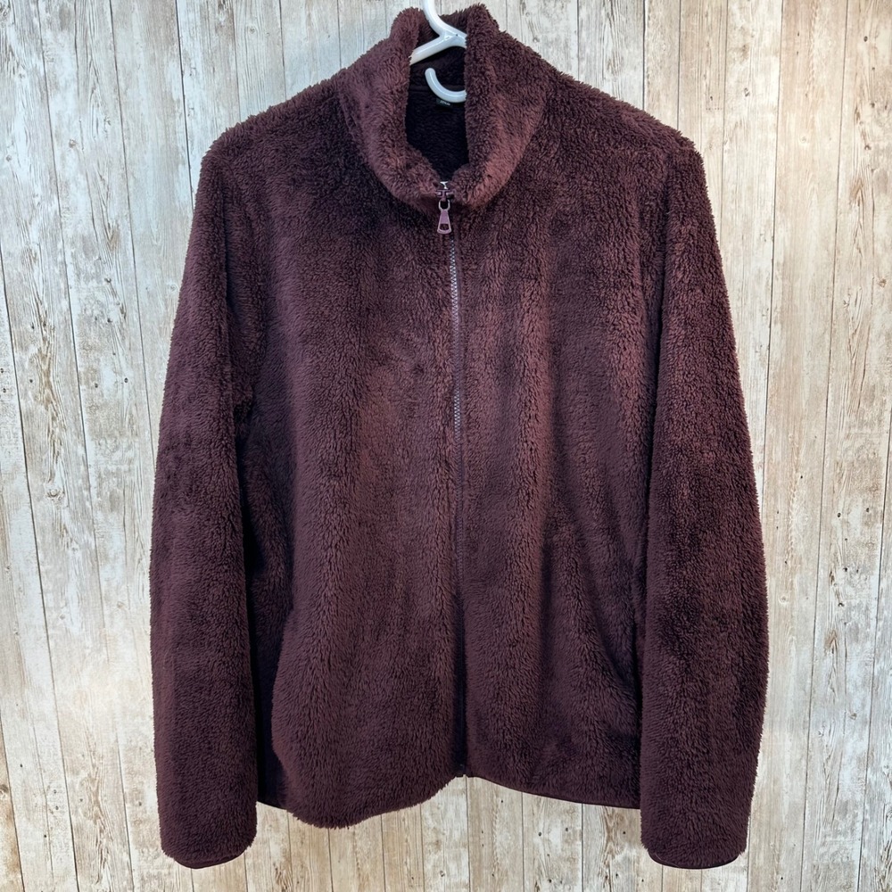 Uniqlo Womens XL Fleece Jacket Dark Plum Teddy Bear Full Zip High Neck Soft Warm